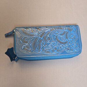 Beautiful Wester Style Genuine Leather Large Women's Wallet- Turquoise and Black
